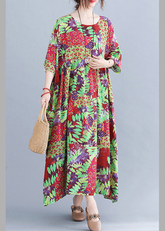 Patchwork Floral Print Round Neck Short Sleeve Empire Waist Pocket Maxi Dress