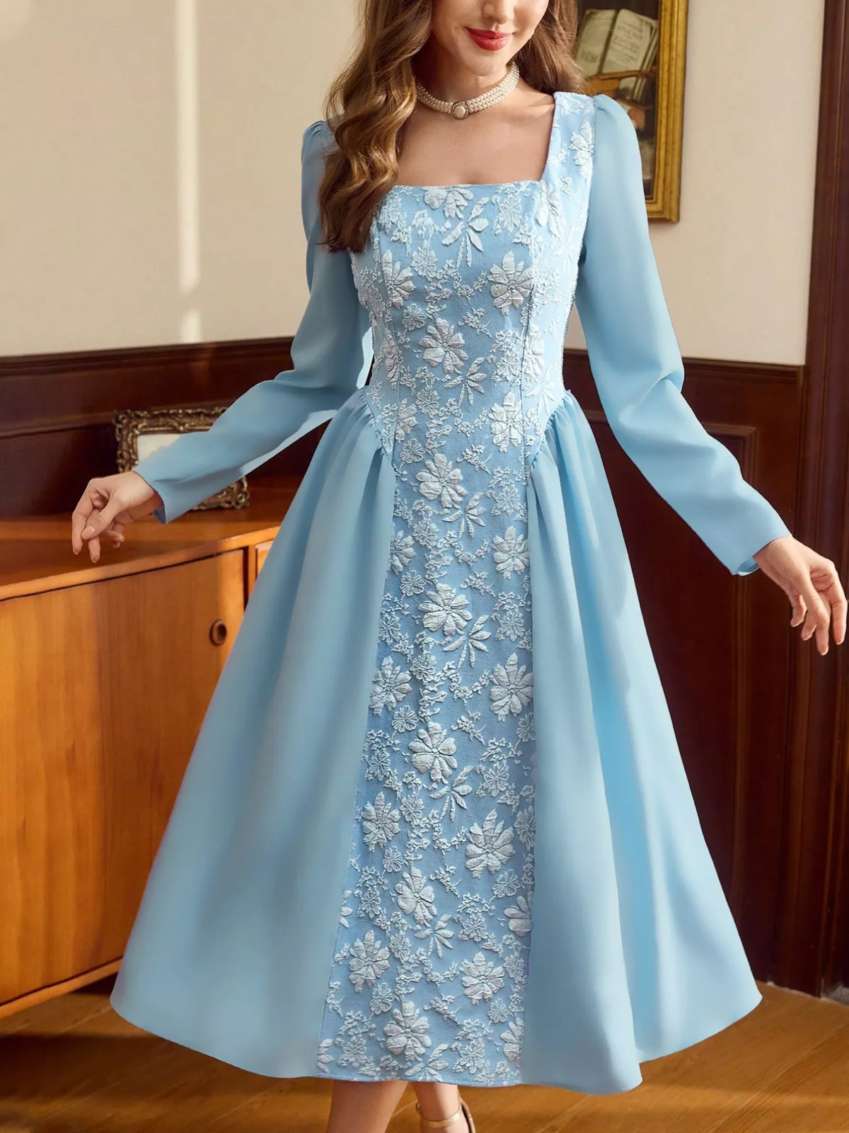 Floral Embroidered Panel Square Neck Long Sleeve A-Line Midi Dress
