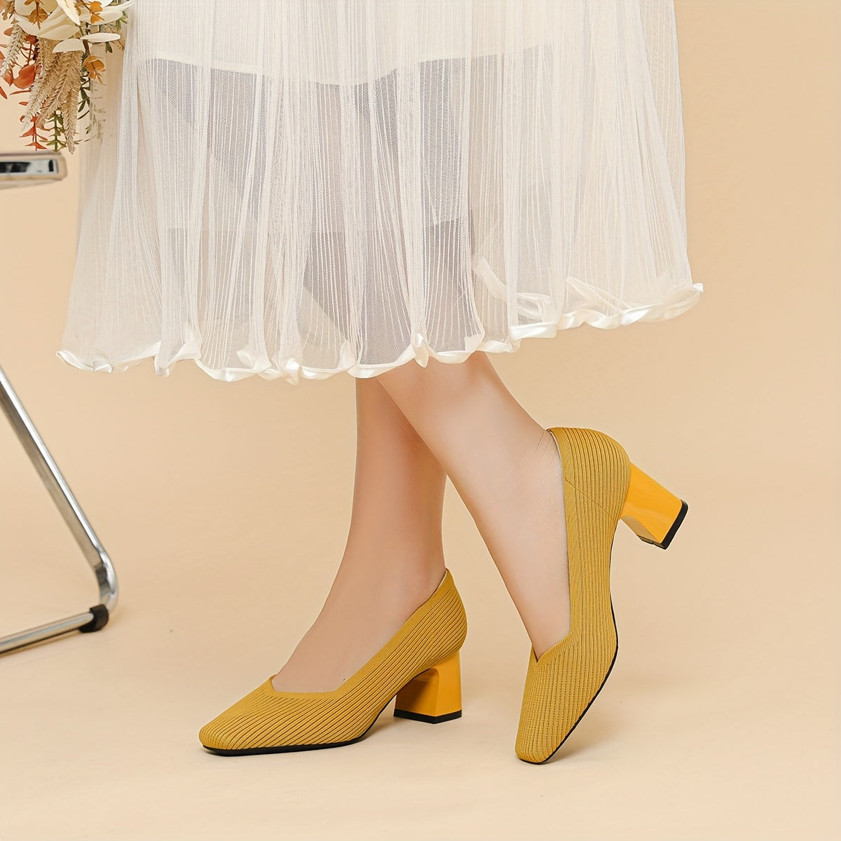 Square Toe Block Heel Slip On Pumps