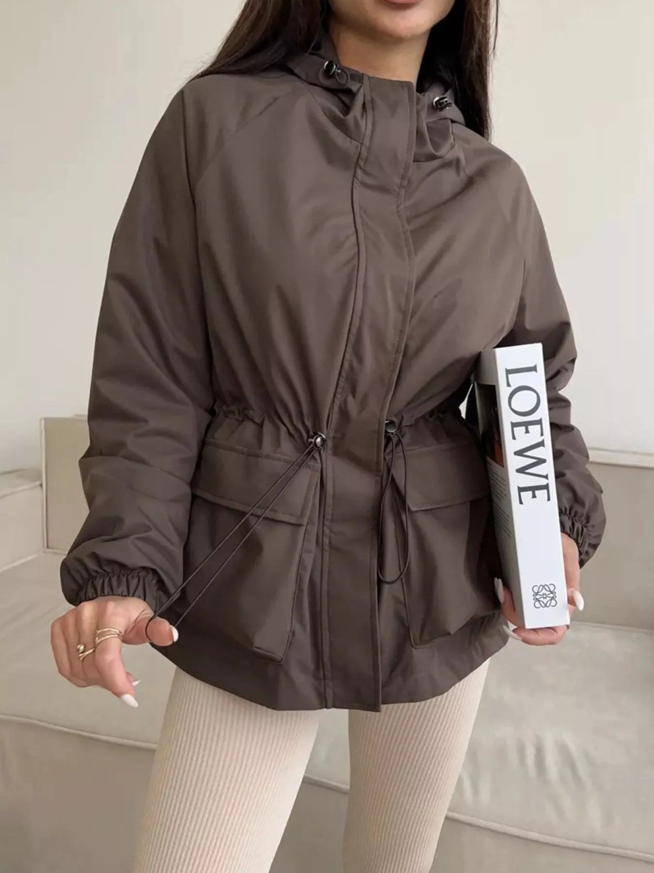 Drawstring Waist Hooded Windbreaker Outerwear