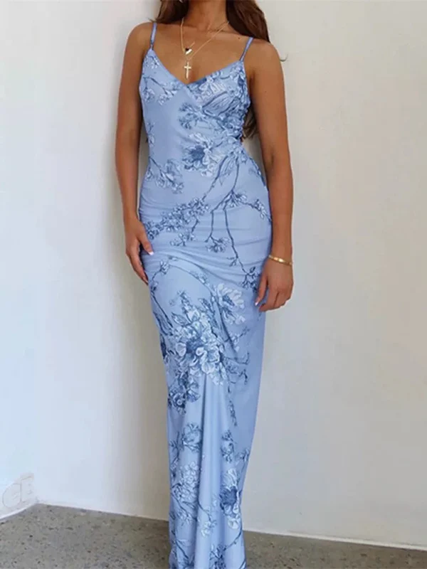 Unique Mermaid Blue Print Prom Dress Long Party Evening Dress cc1653