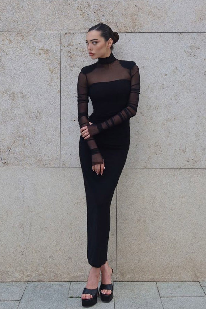 Mesh High Neck Long Sleeve Ruched Bodycon Midi Dress