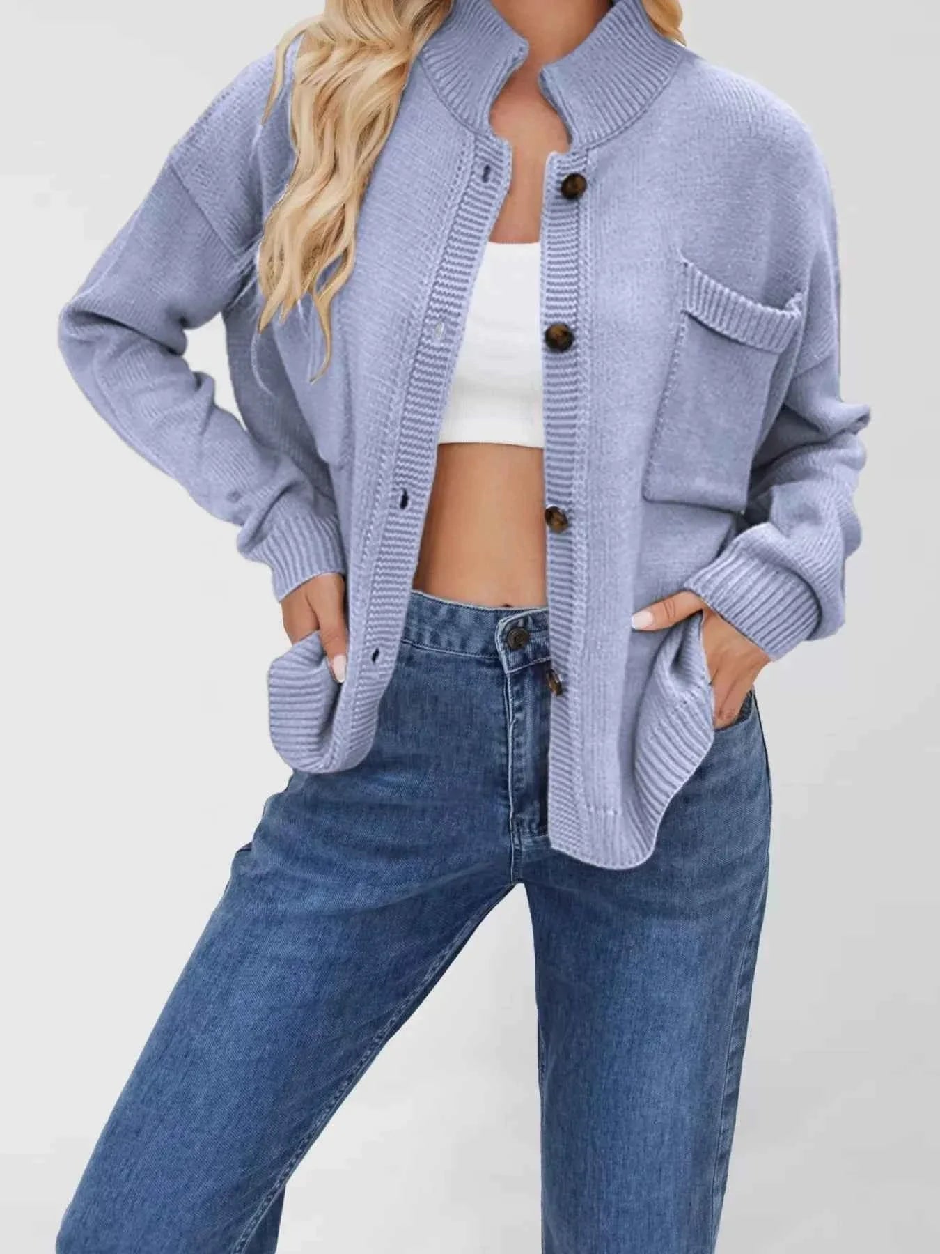 Button Up Dropped Shoulder Cardigan