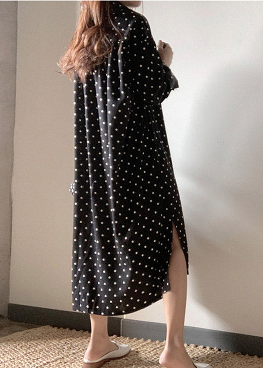 Polka Dot Shirt Collar Long Sleeve Side Slit Midi Shirt Dress