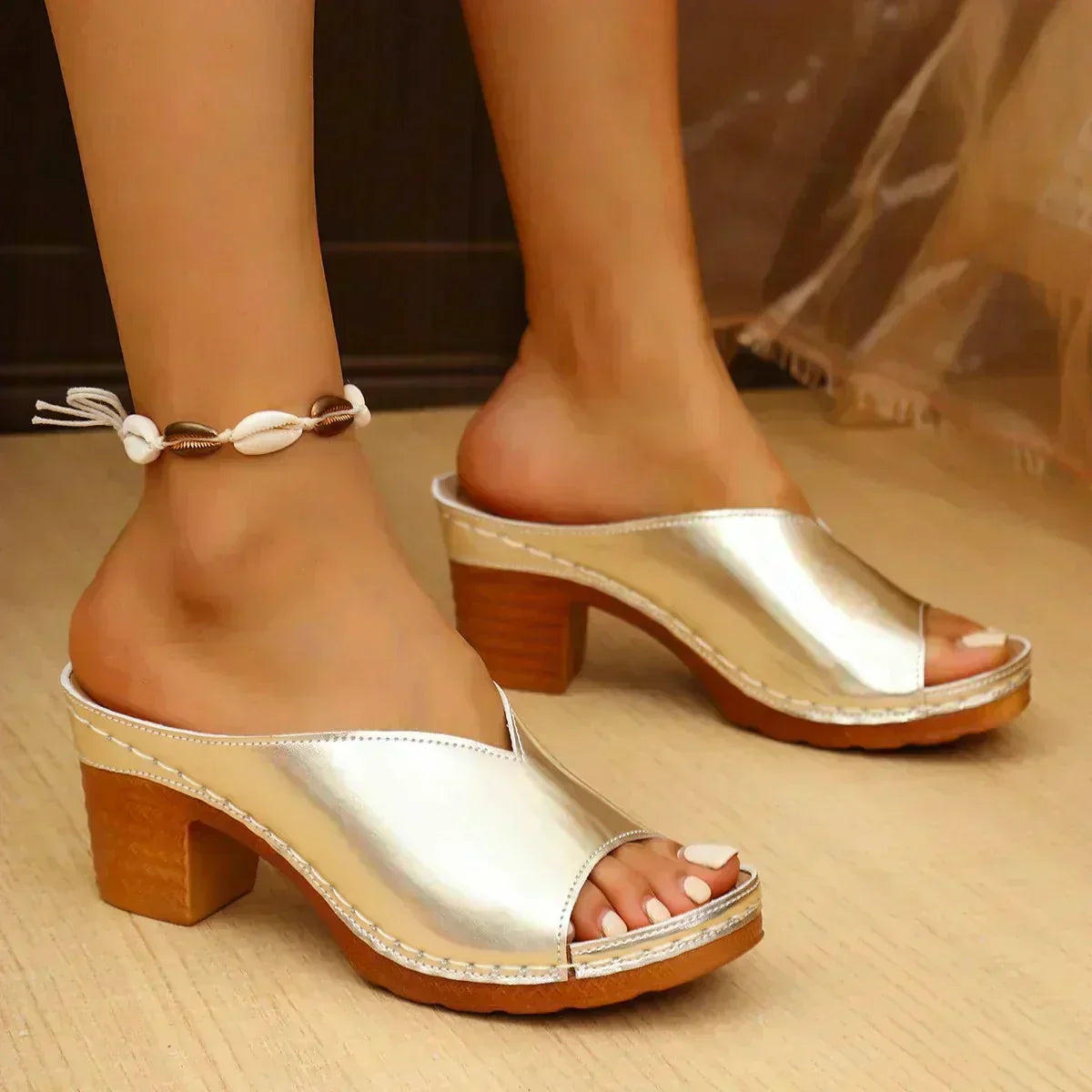 Peep Toe Slip On Block Heel Mule Sandals