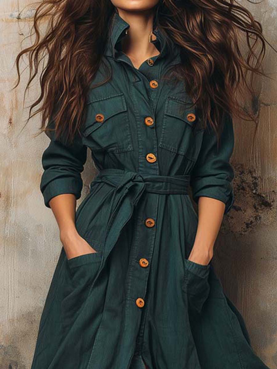 Casual Mist Blue Cotton Utility Style Tie Pocket Maxi Dress