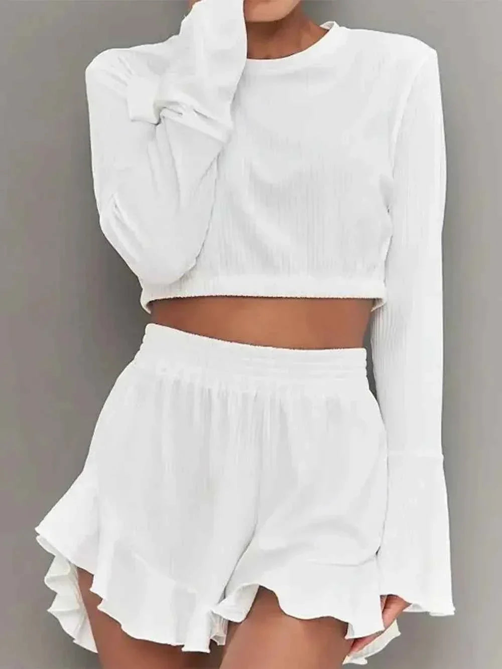 Ribbed Round Neck Bell Sleeve Crop Top and Ruffle Hem Shorts Two Piece Set 4