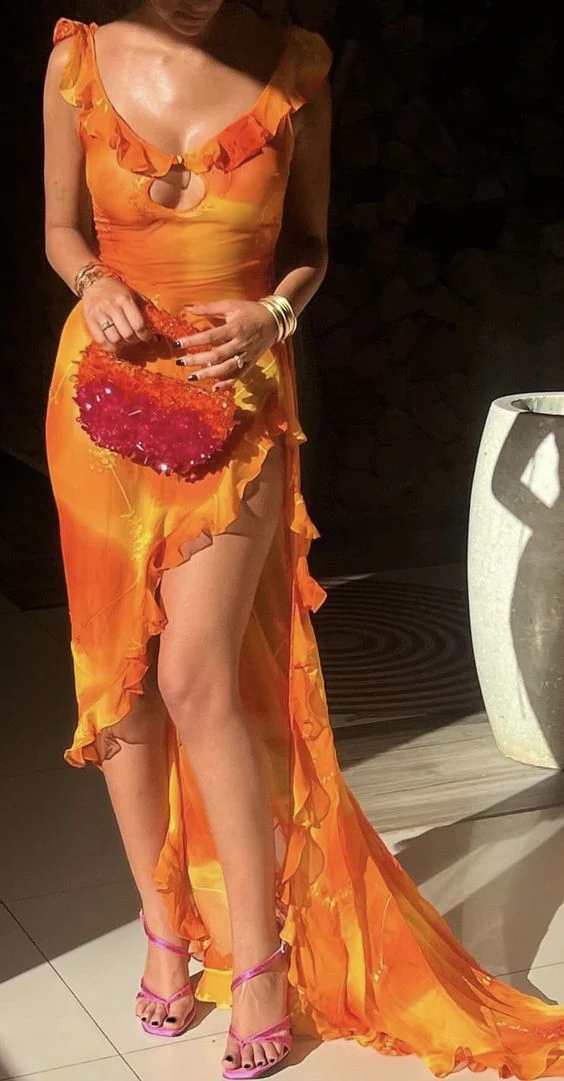 Elegant Chiffon Ruffles Slit Long Prom Dress Party Dress cc1401