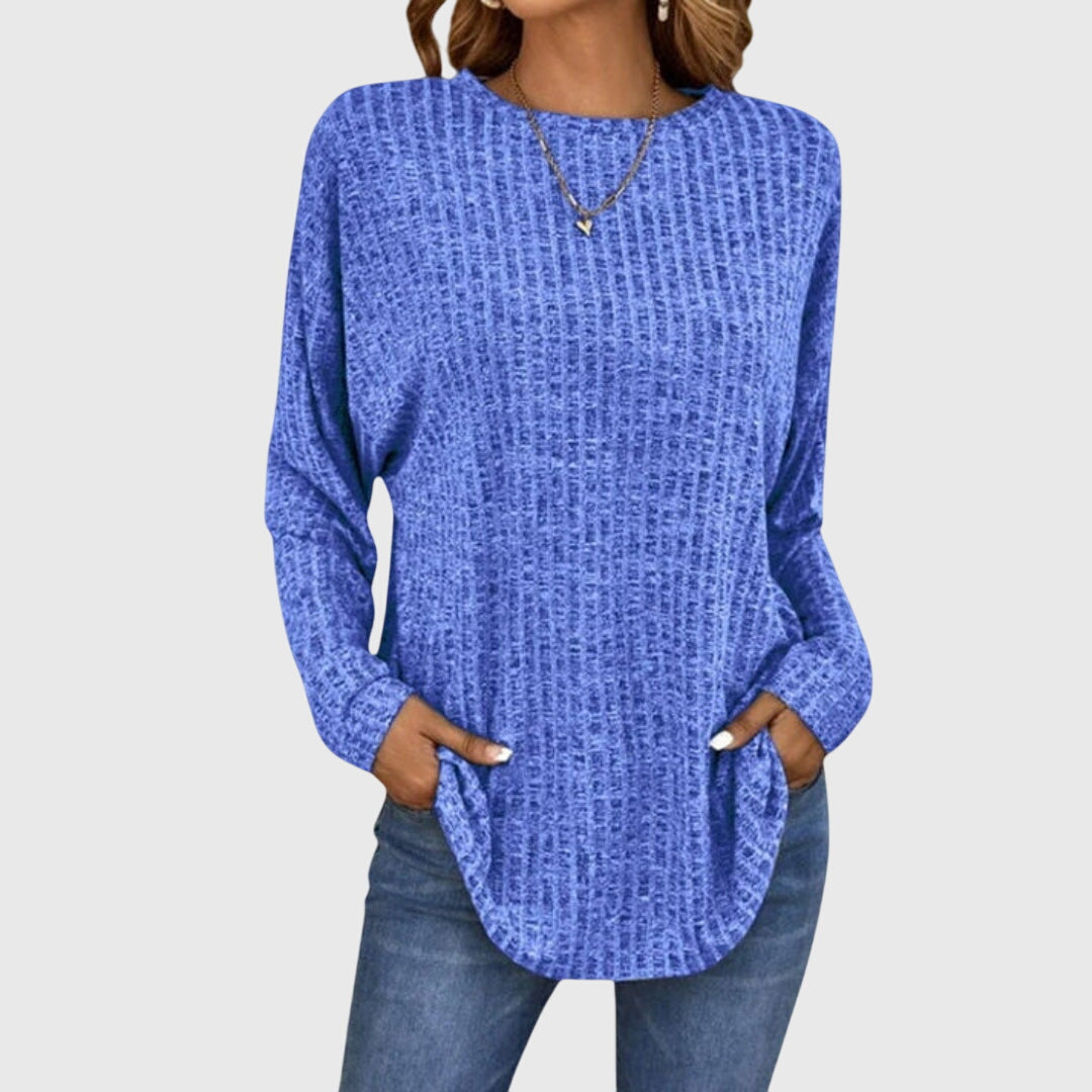 Crew Neck Long Sleeve Ribbed Knit Curved Hem Top