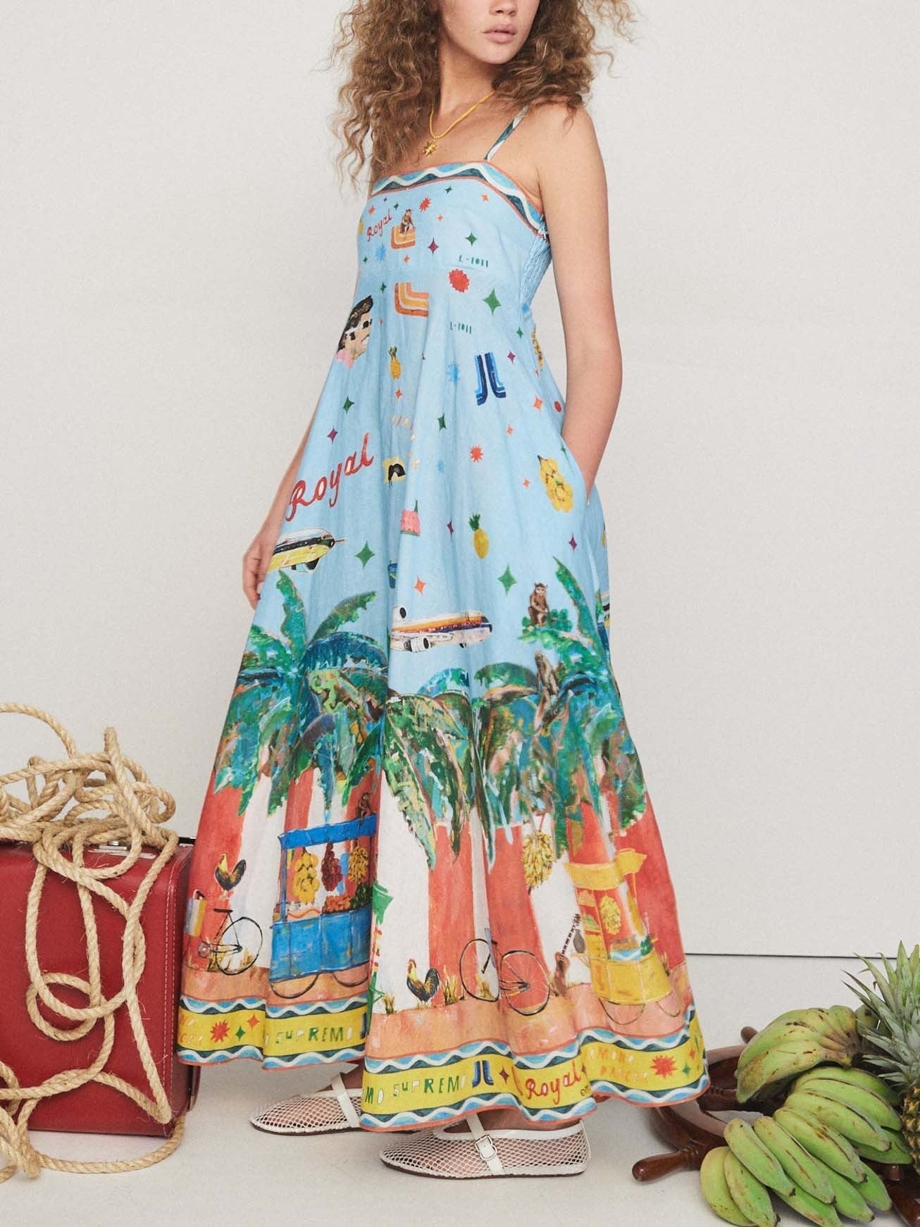Unique Painted Island Print A Line Midi Dress