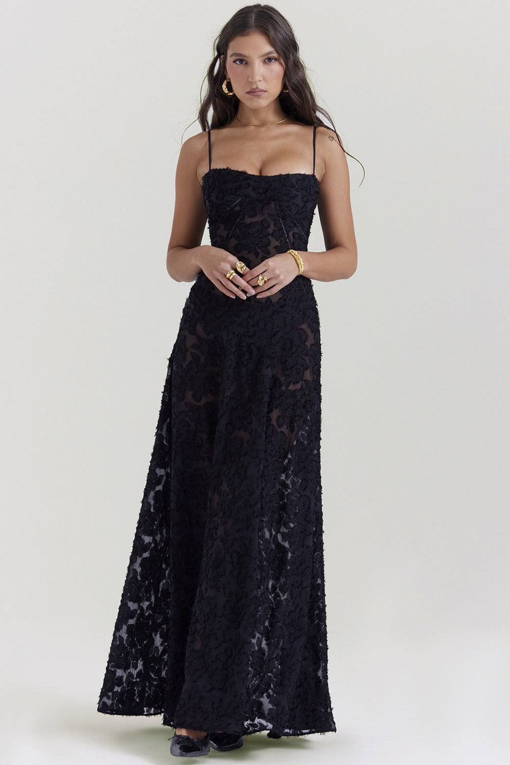 Dainty Lace Spaghetti Strap Tie Waist  Prom Dress
