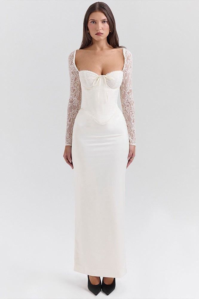 Lace Trim Satin Backless Long Sleeve Fit Lace Dress