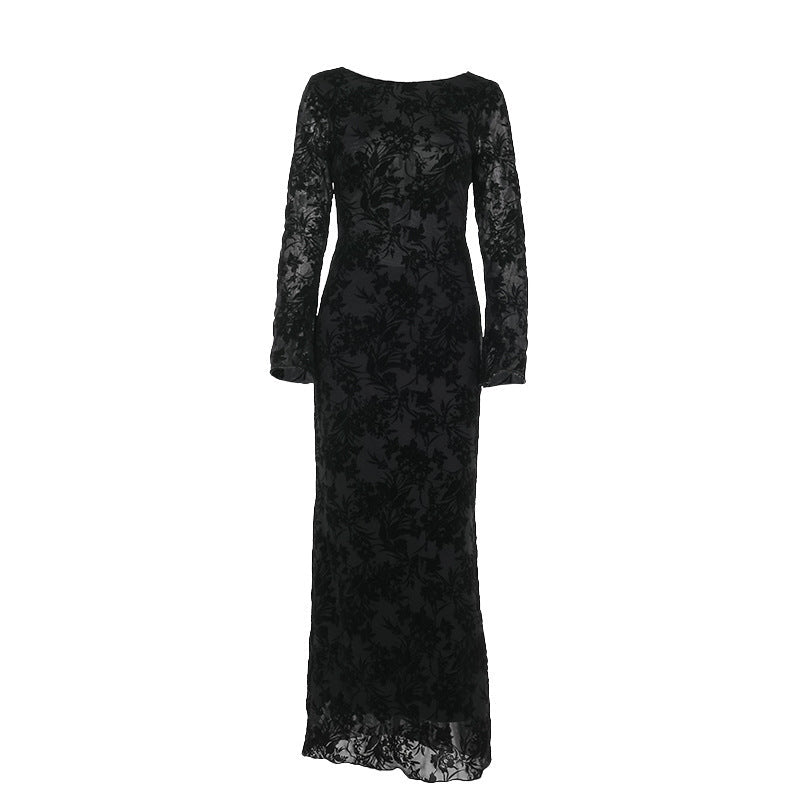 Flocked Floral Mesh Crew Neck Long Sleeve Backless Maxi Dress 5