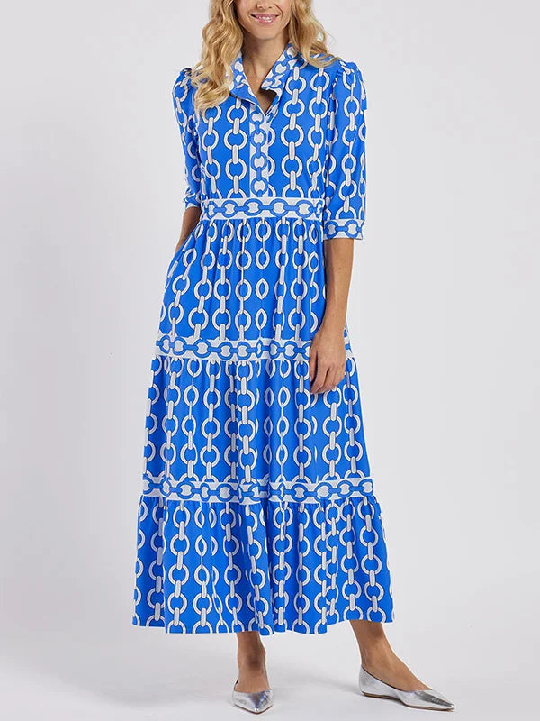 Chain Link Print Collared Long Sleeve Tiered Maxi Dress