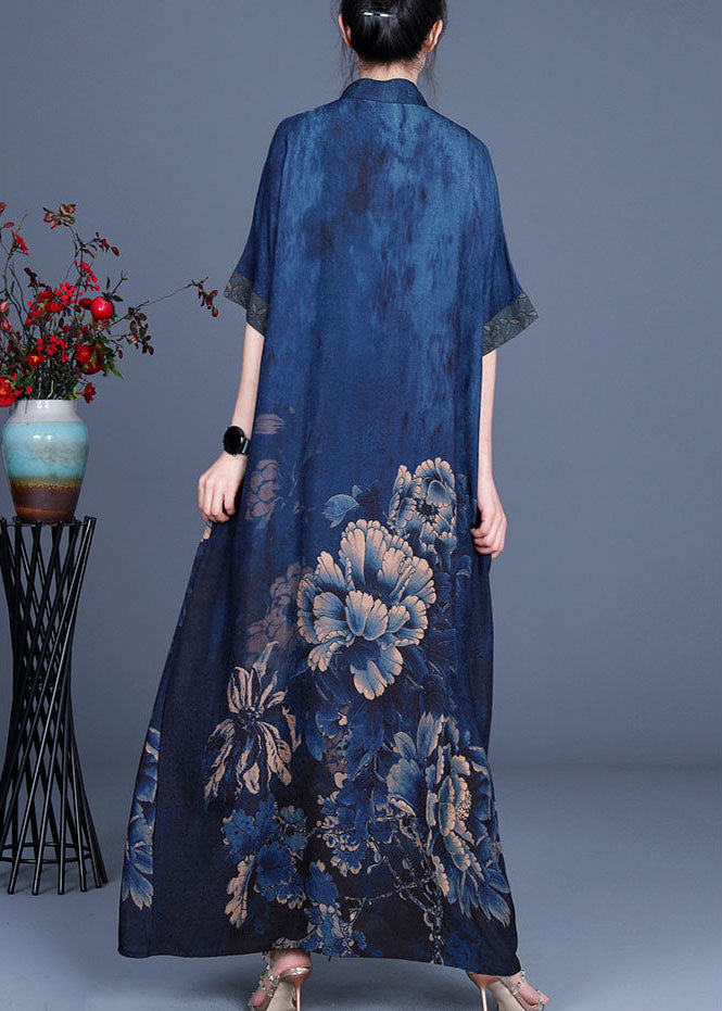 Floral Print Mandarin Collar Asymmetrical Button Short Sleeve Oversized Maxi Dress