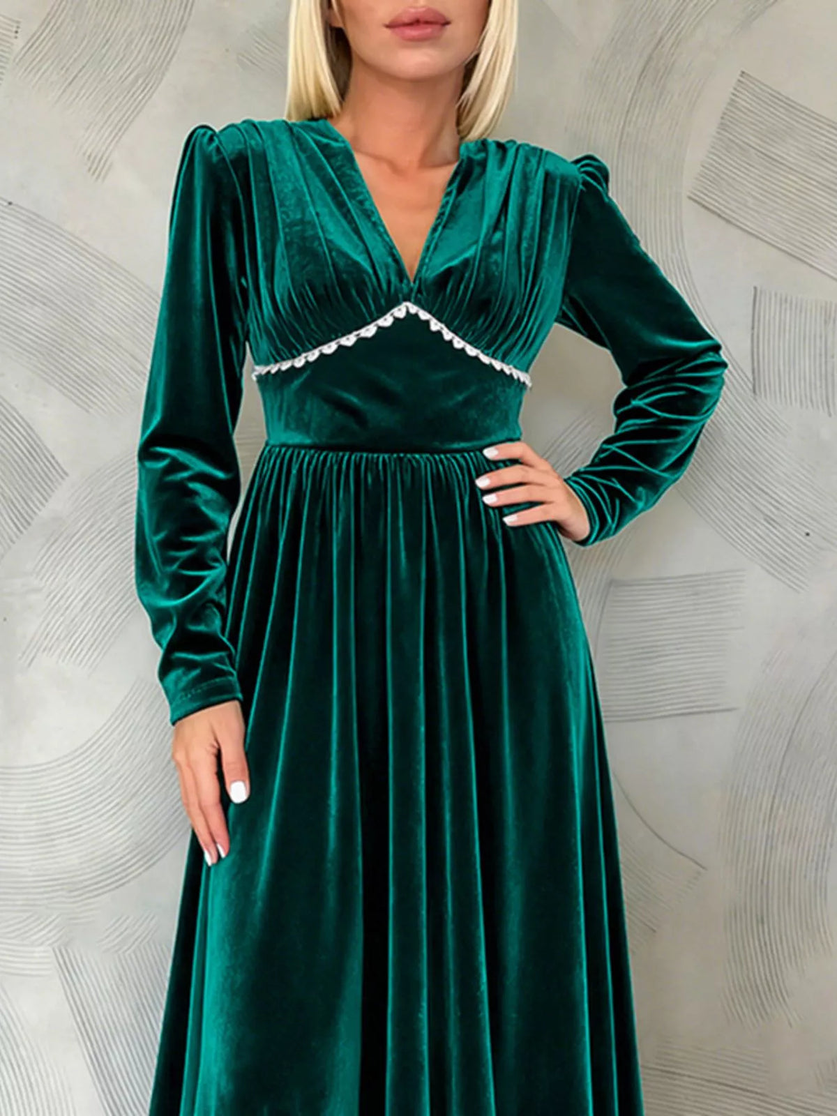 Velvet V-Neck Long Sleeve Lace Trim Empire Waist Maxi Dress 3