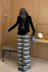 Relaxed Fair Isle Fleece Wide Leg Knit Pants