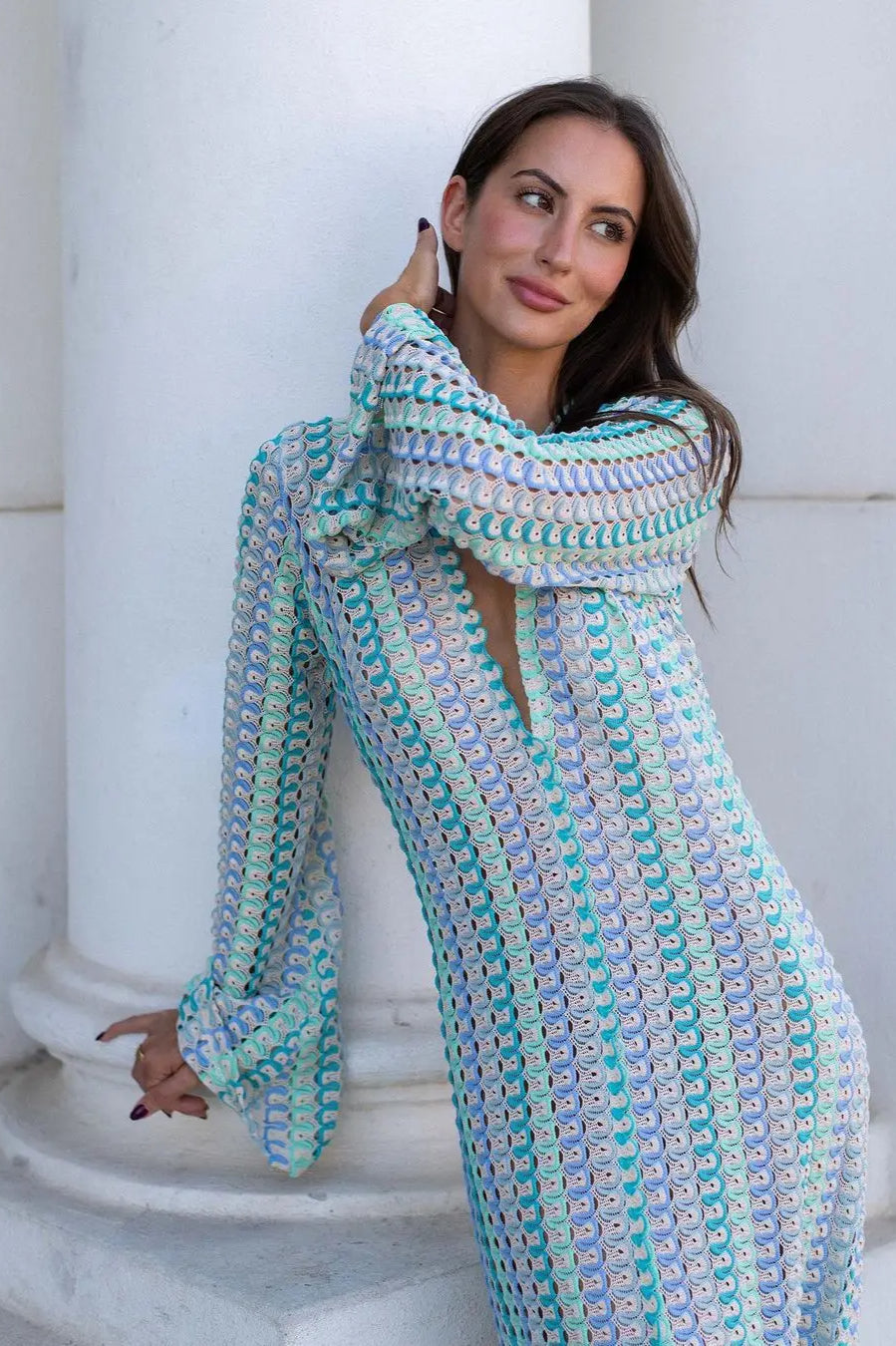 Crochet Colorful Stripe V-Neck Flare Sleeve Maxi Dress