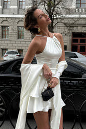Satin Cape Ruffle High Neck Tiered Mini Dress 4