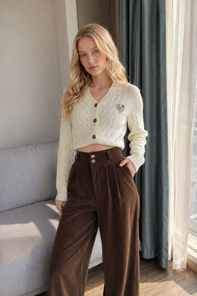 High Waist Double Button Pleated Corduroy Wide Leg Trousers 3