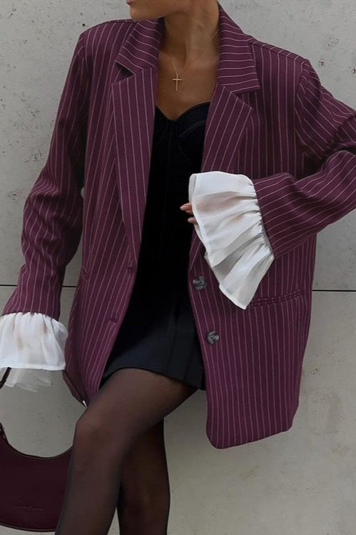 Pinstripe Notch Lapel Single Breasted Oversized Longline Blazer 2