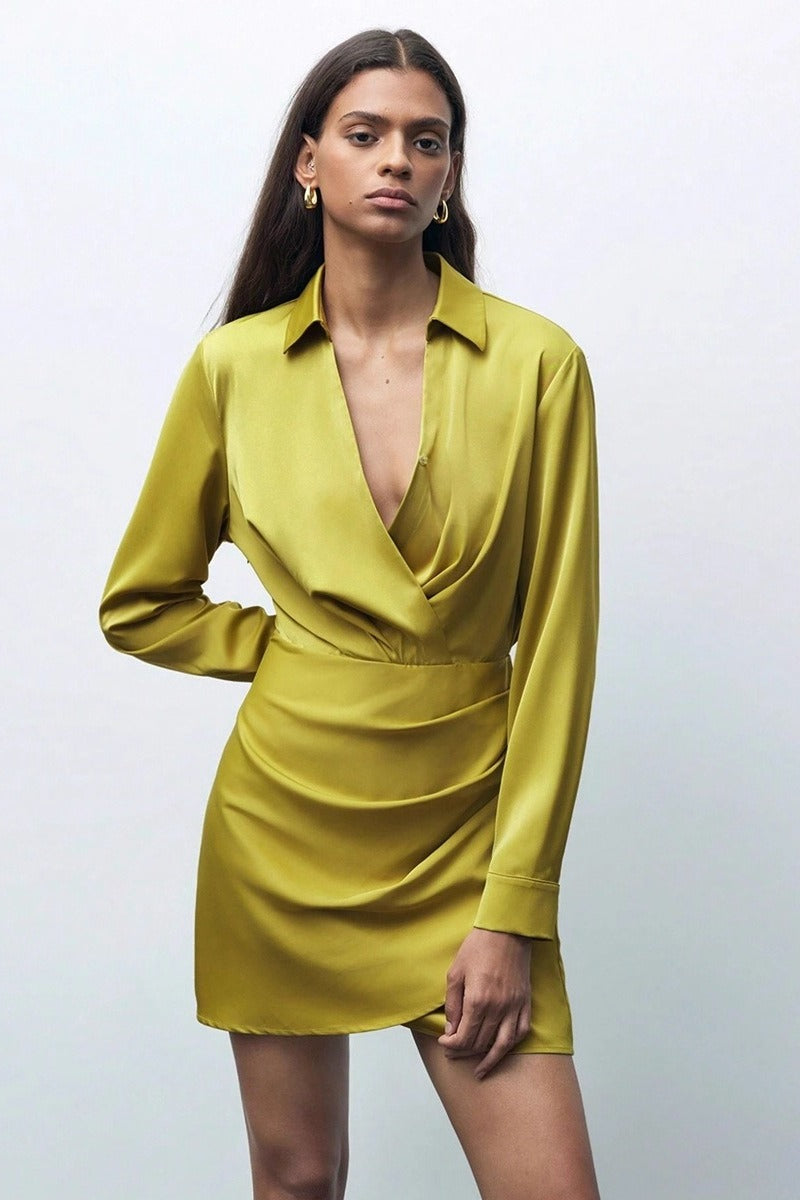 Satin Collared Deep V-Neck Long Sleeve Ruched Wrap Mini Dress