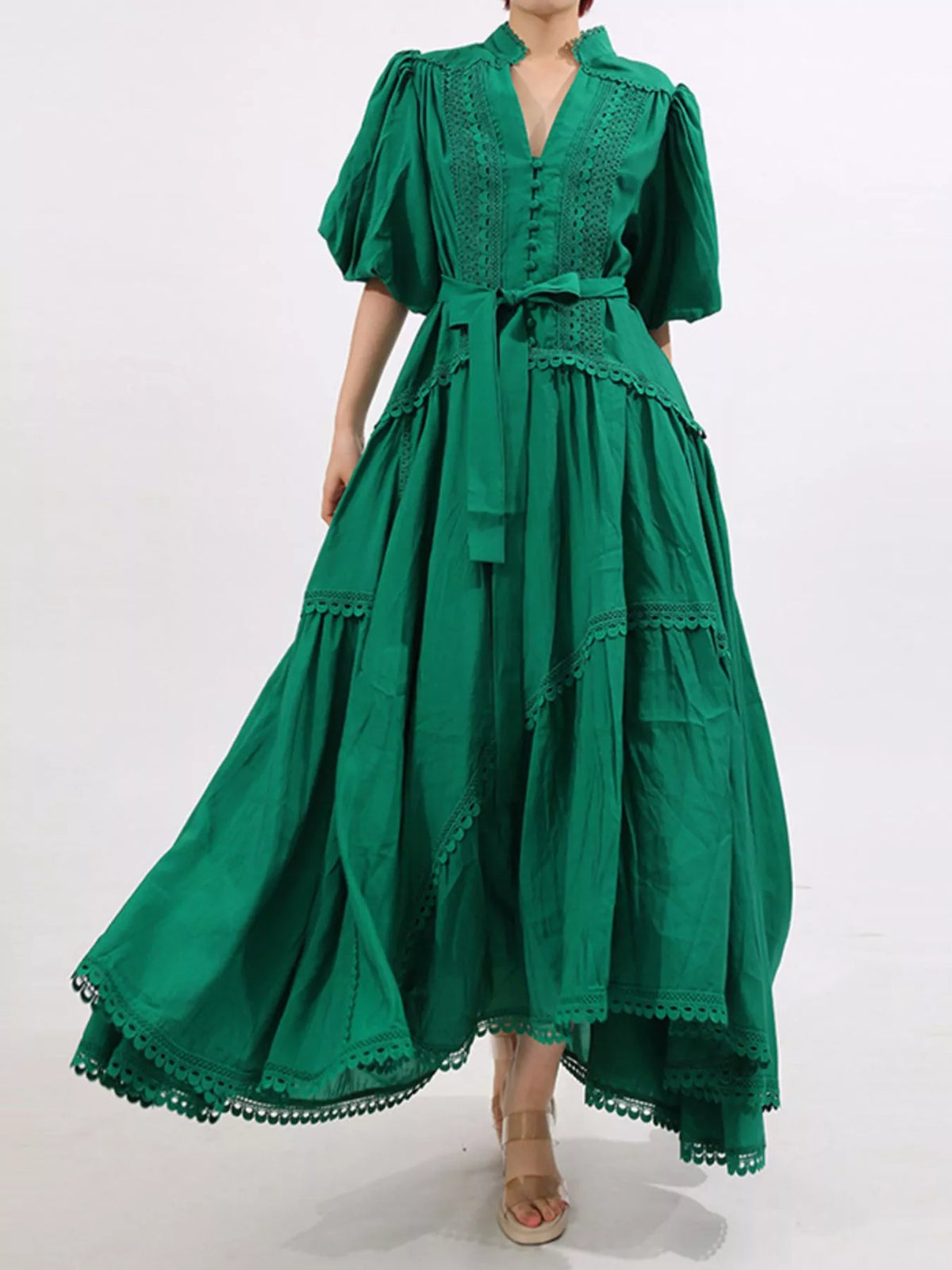 Crochet Lace Trim Notched Neck Puff Sleeve Tie Waist Tiered Maxi Dress