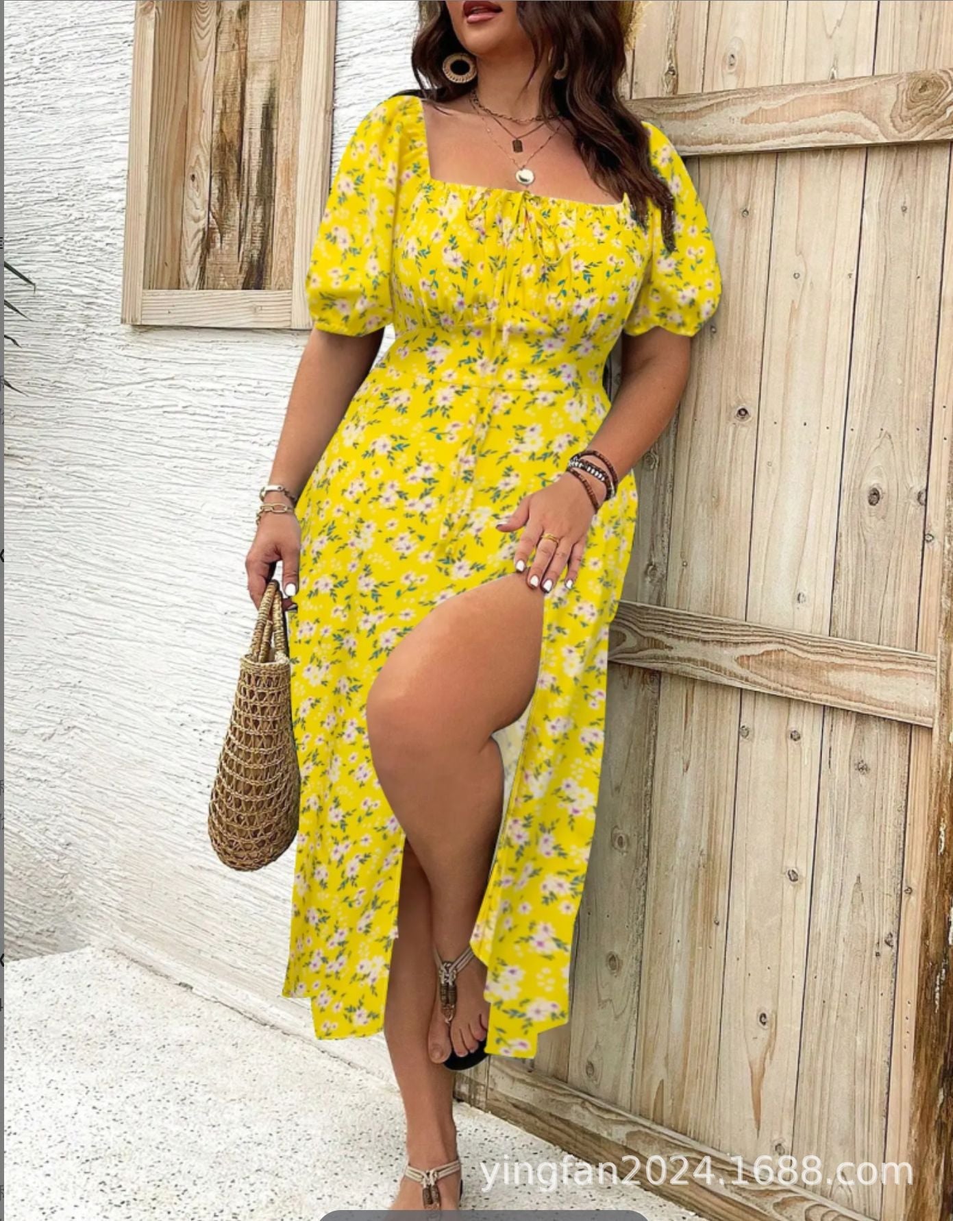 Floral Square Neck Puff Sleeve High Split Midi Dress 14