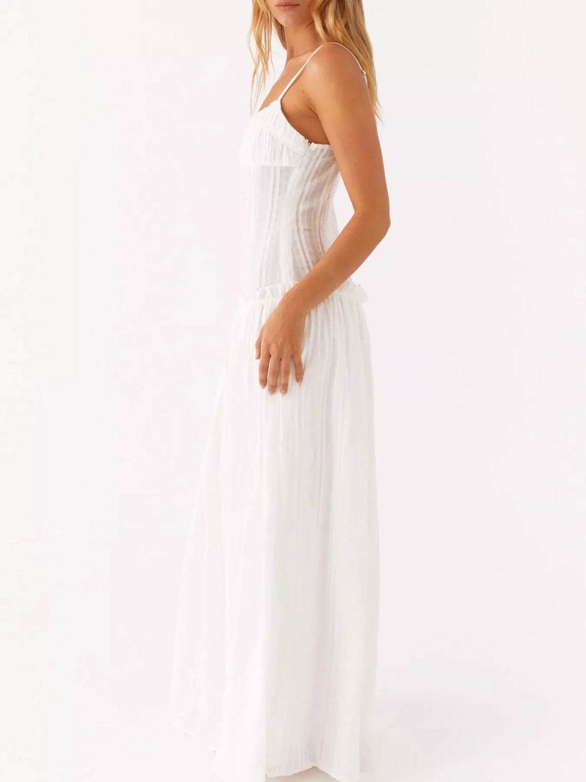 Ruched Bust Drop Waist Ruffle Trim Cami Maxi Dress 25