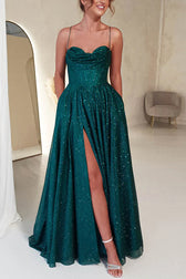 Cinderella Glitter Tulle Fabric Cowl Neck Back Lace-up Maxi Dress