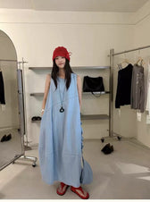 Denim Sleeveless Ruffle Trim A-Line Maxi Dress 15