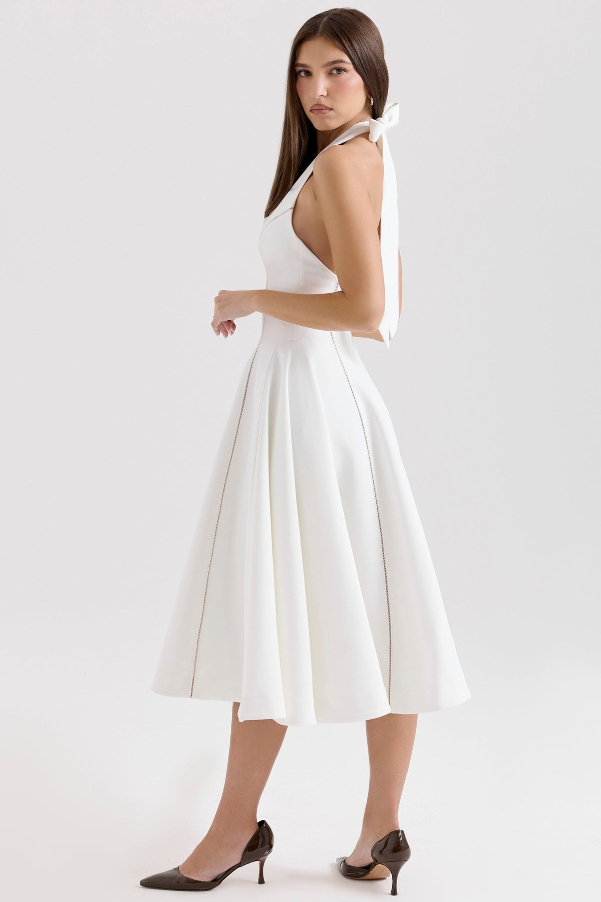 Square Neck Halter Contrast Seam Fit and Flare Midi Dress 6