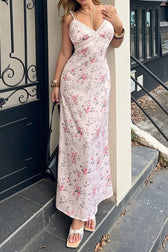Floral V Neck Lace Panel Slim Maxi Slip Dress