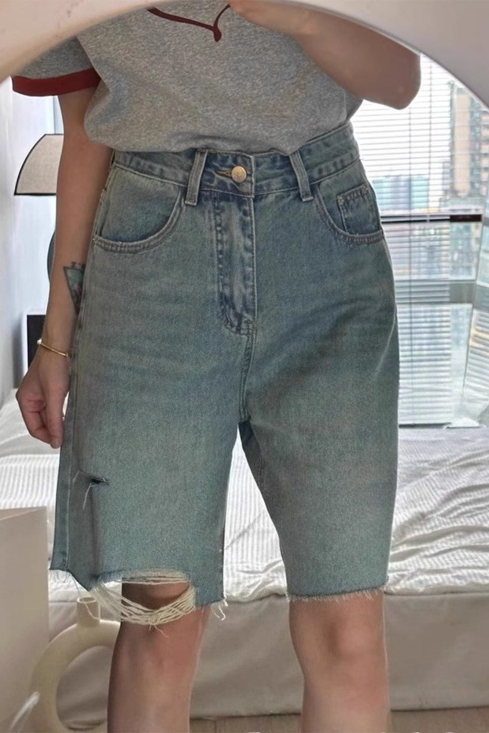 Vintage Wash Wide Leg Mid Length Shorts