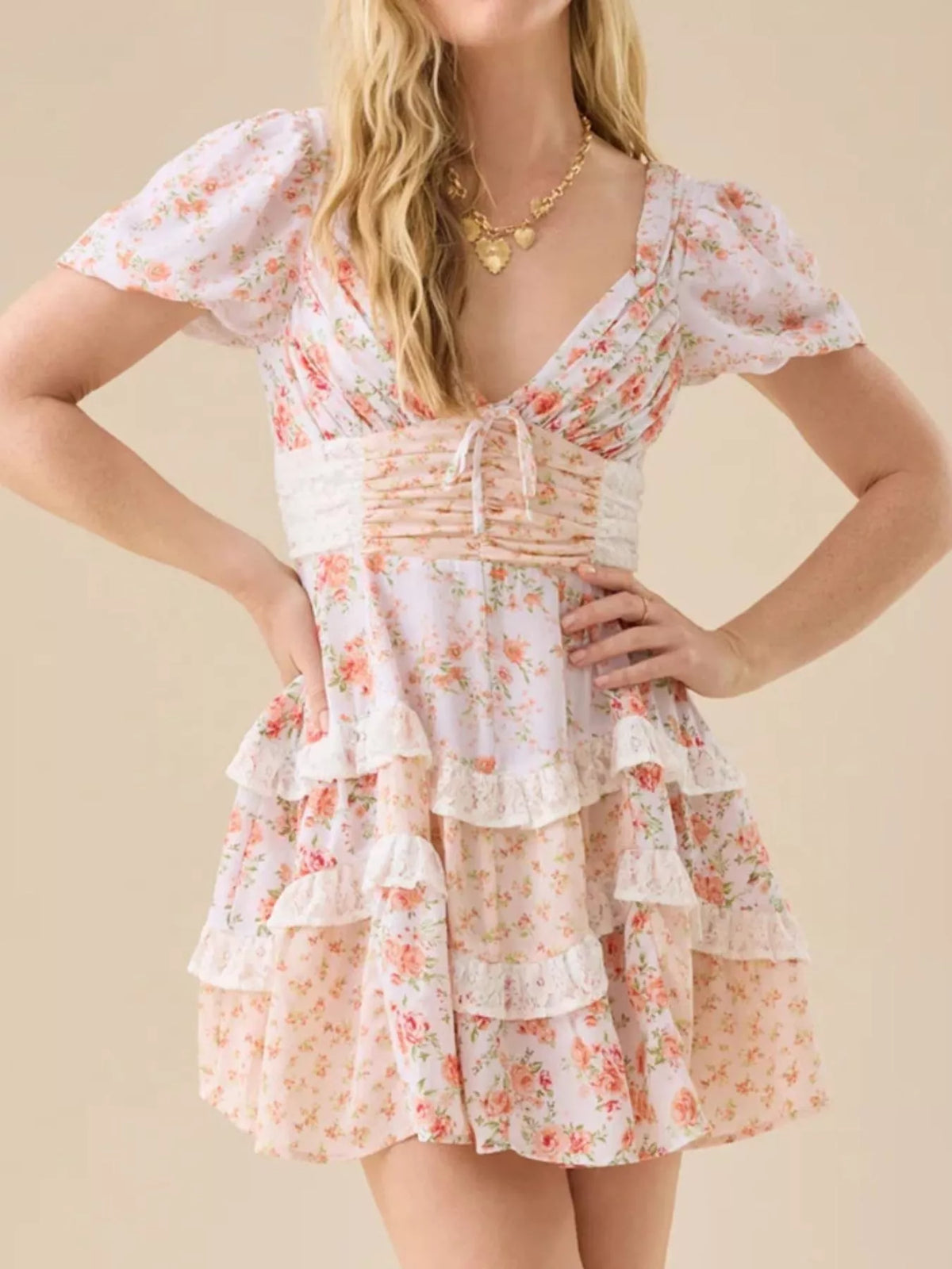 Floral Print Lace Trim Sweetheart Puff Sleeve Tiered Mini Dress 7