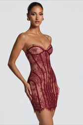 Lace Strapless Striped High Waist Slim Lace Dress