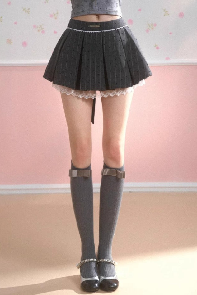Pinstripe Bow Back Lace Trim Hem Flared Mini Skirt 2