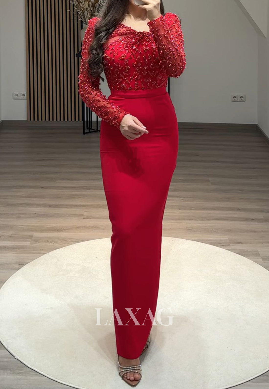 Scoop-Neck Beaded Sequined Floor-Length Party Gowns Long Sleeves Pleated Mermaid Prom Dress