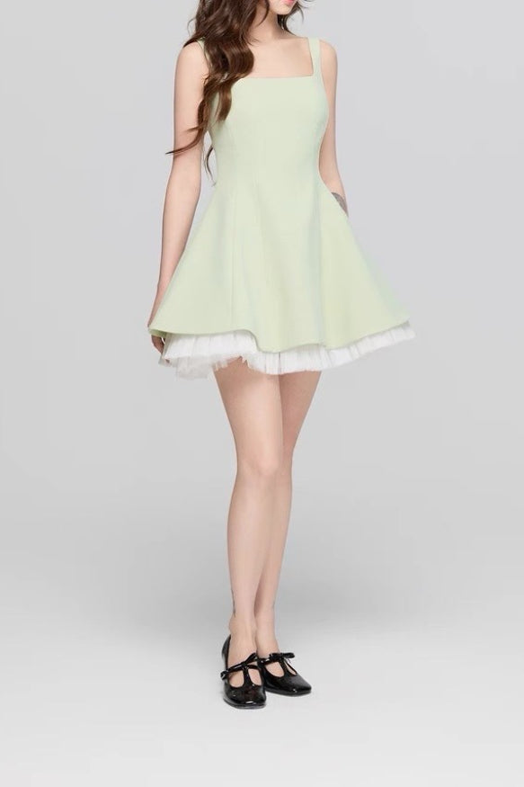 Square Neck Mesh Panel Mini Dress - View 12