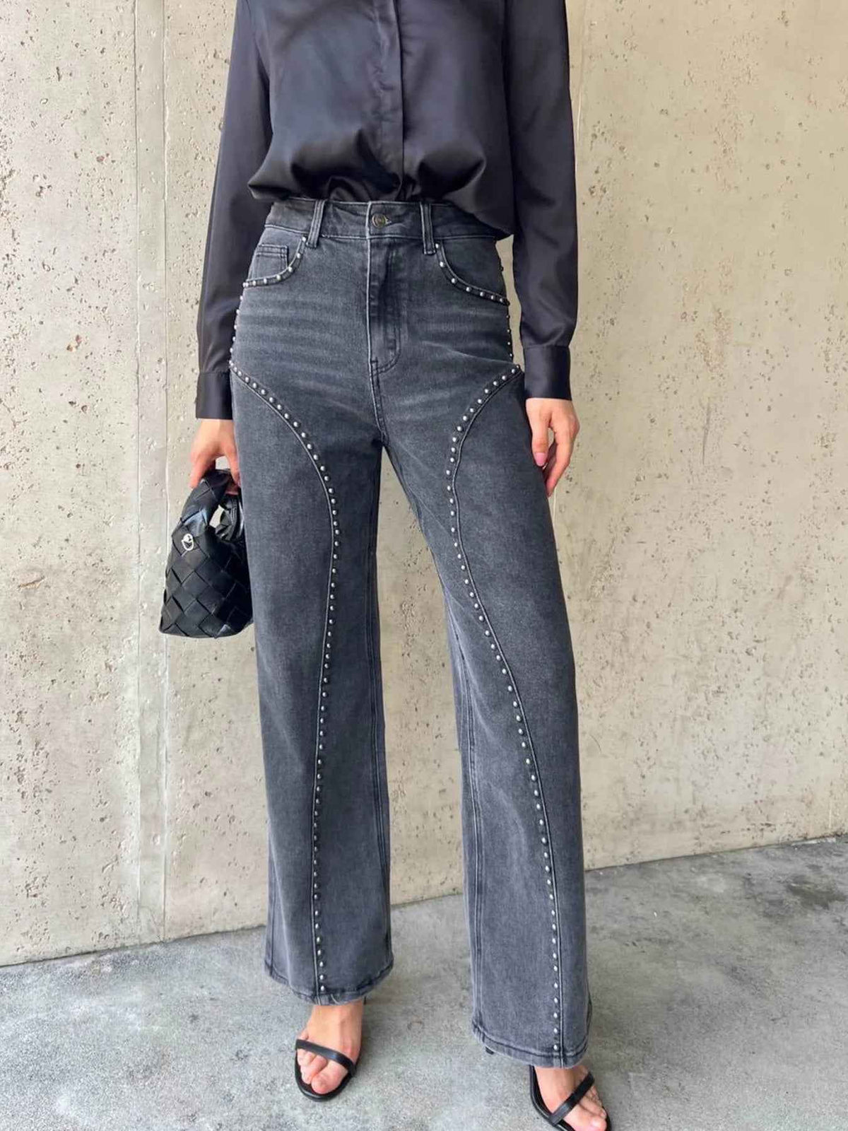 High Waist Studded Curved Seam Wide Leg Jeans 4