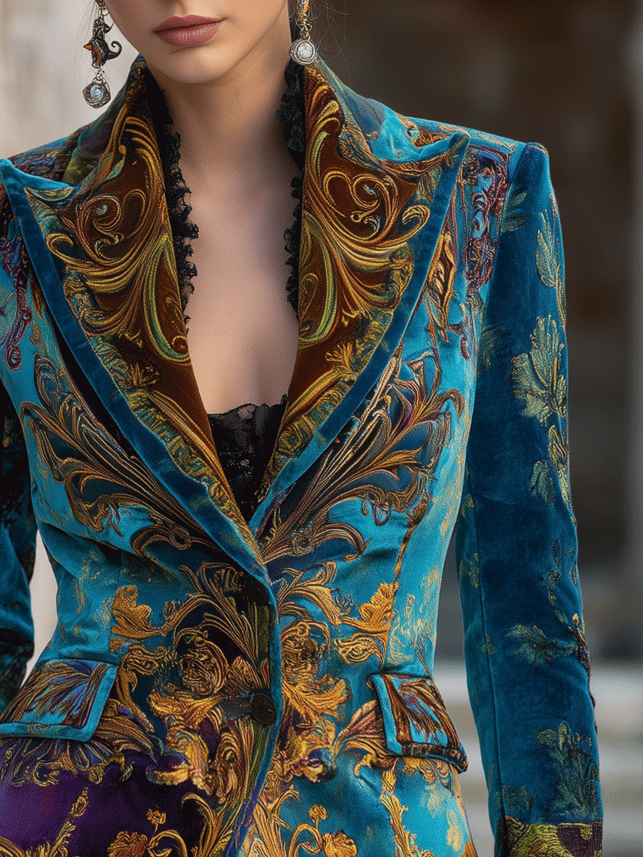 Baroque Print Velvet Single Button Blazer