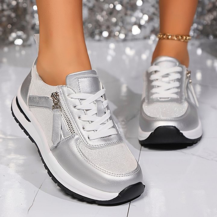 Lace Up Side Zip Glitter Platform Sneakers