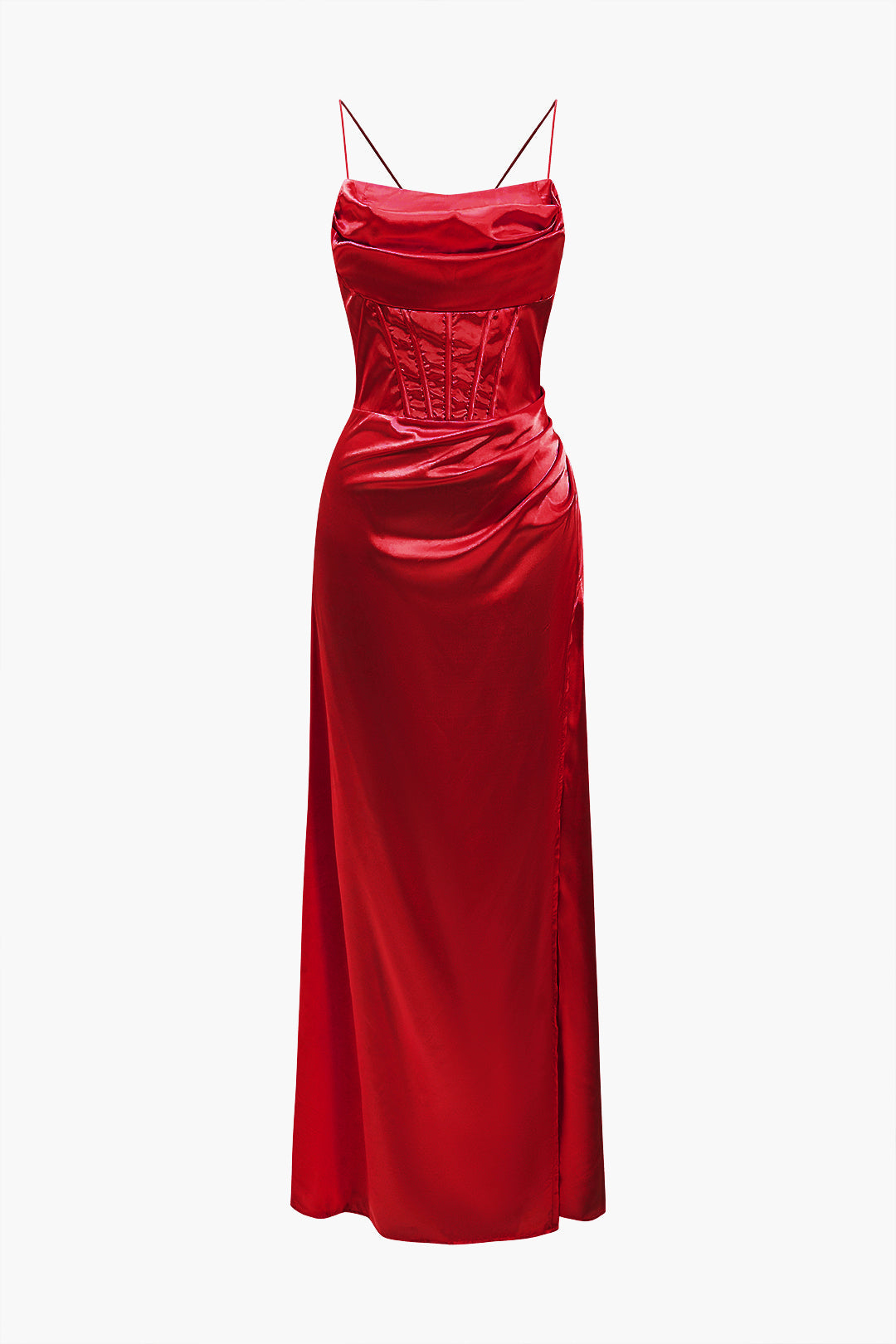 Satin Cowl Neck Corset Bodice Spaghetti Strap High Split Maxi Gown 25