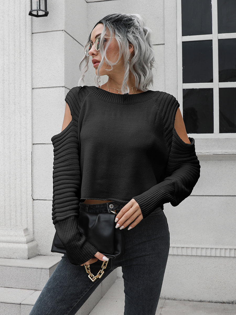 Cold Shoulder Round Neck Ribbed Long Sleeve Cropped Sweater 7