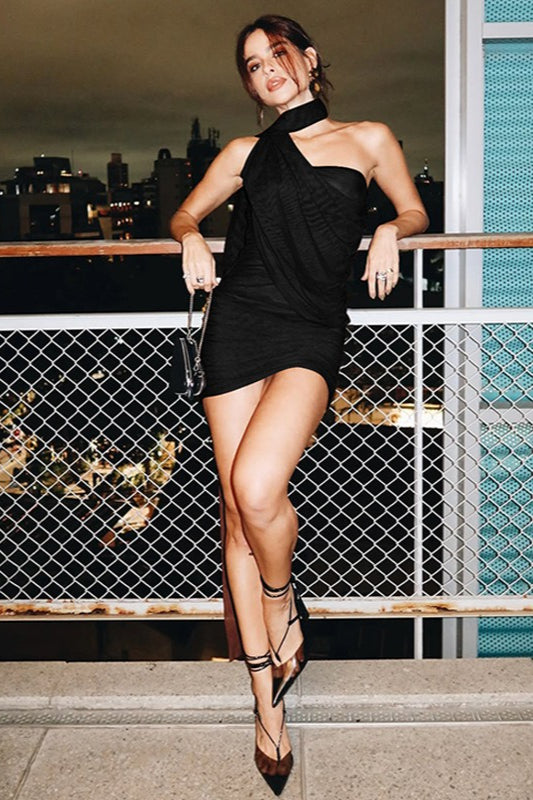 Halter High Neck Draped Ruched Bodycon Cocktail Mini Dress