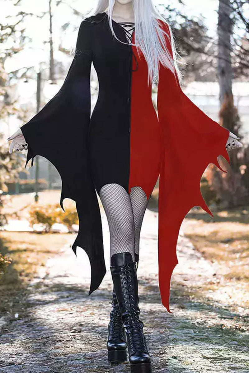 Halloween Color Block Lace Up Batwing Sleeve Bodycon Dress