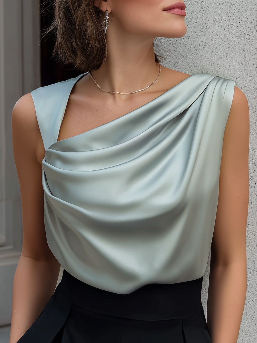 Satin Asymmetric Draped Neck Sleeveless Top