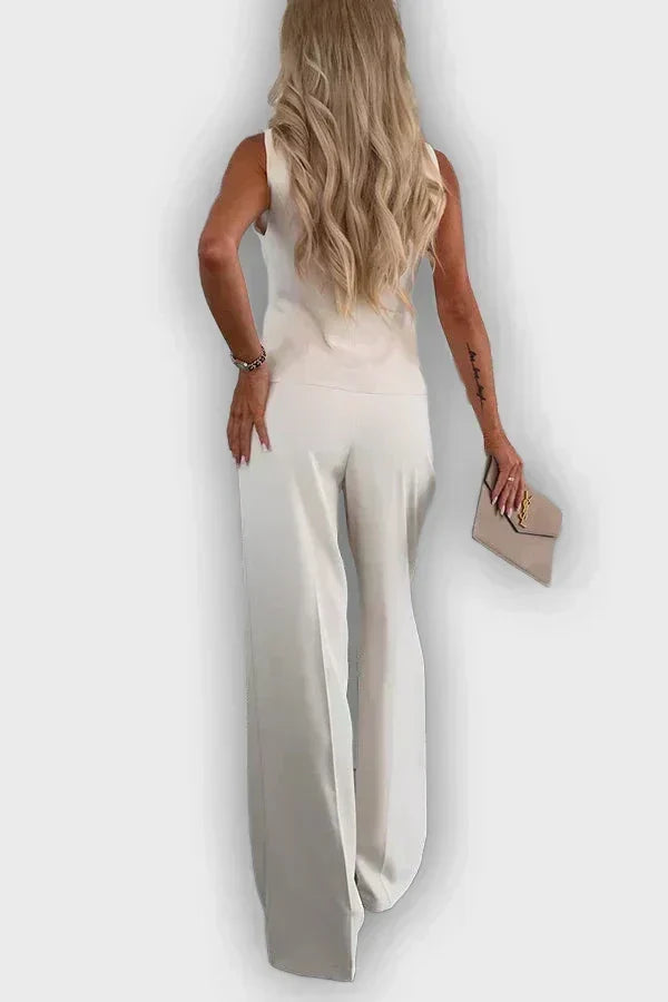 Sleeveless Button Vest and Wide Leg Pants Two Piece Set