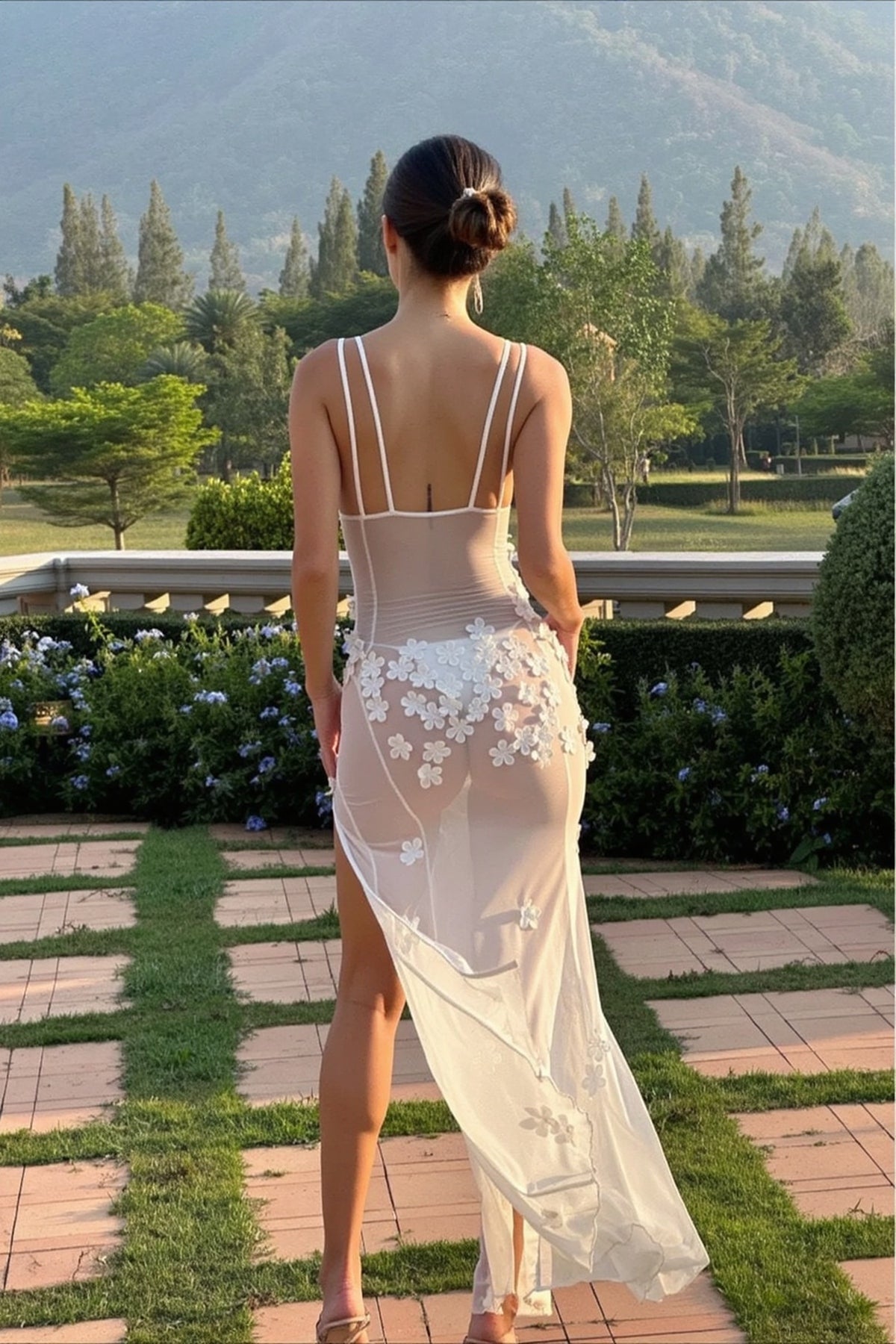 Deep V Mesh Backless 3D Floral Slip Dress