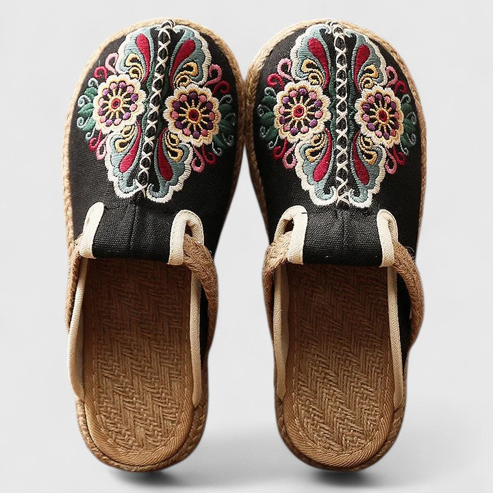 Floral Embroidered Closed Toe Backless Espadrille Mules